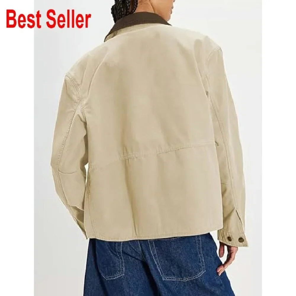 Oversized Cotton Barn Jacket Button Down Collar Casual Loose Fit Chic